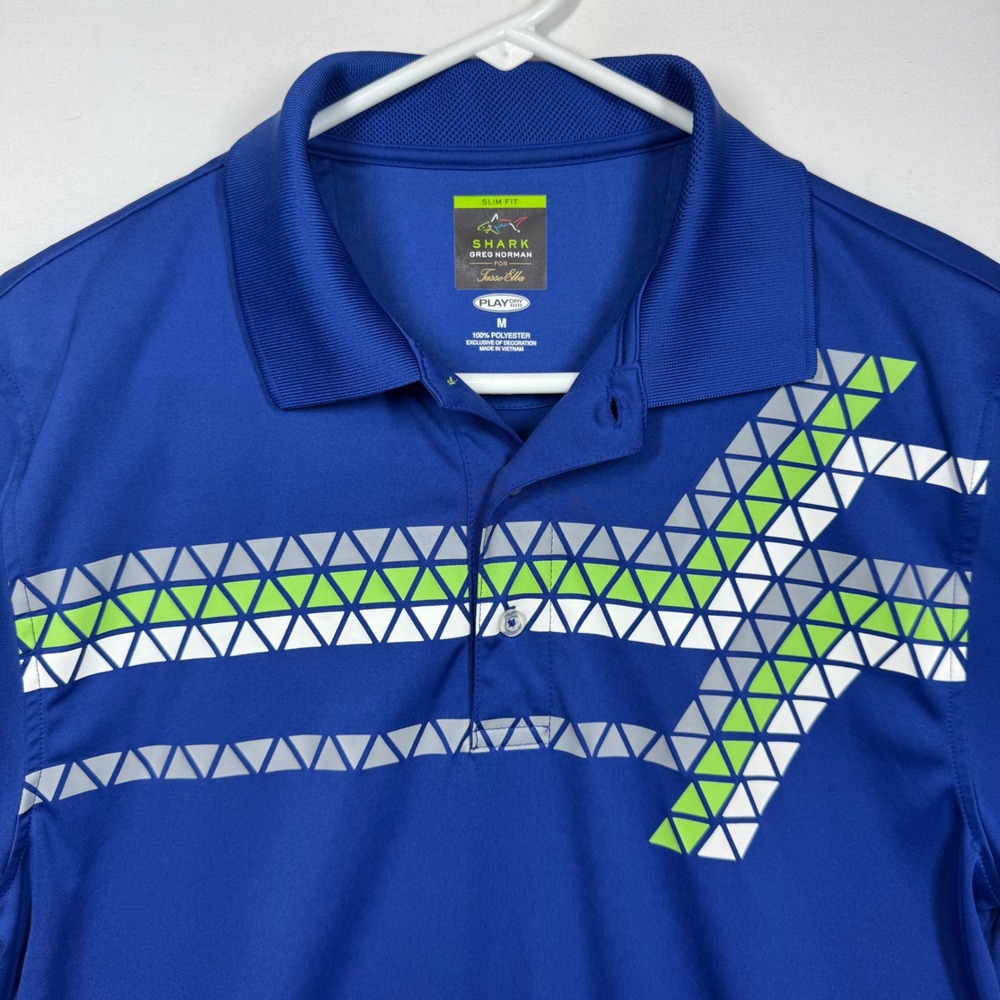 Greg Norman Shark Tasso Elba Golf Polo‎ Shirt Slim Fit Blue Geometric Sz Medium